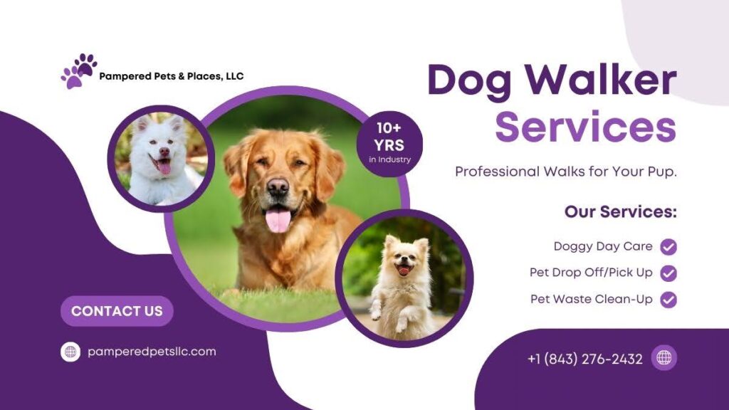 Dog walking flyer by Pampered Pets & Places, LLC with daycare, pickup, and pet clean-up services